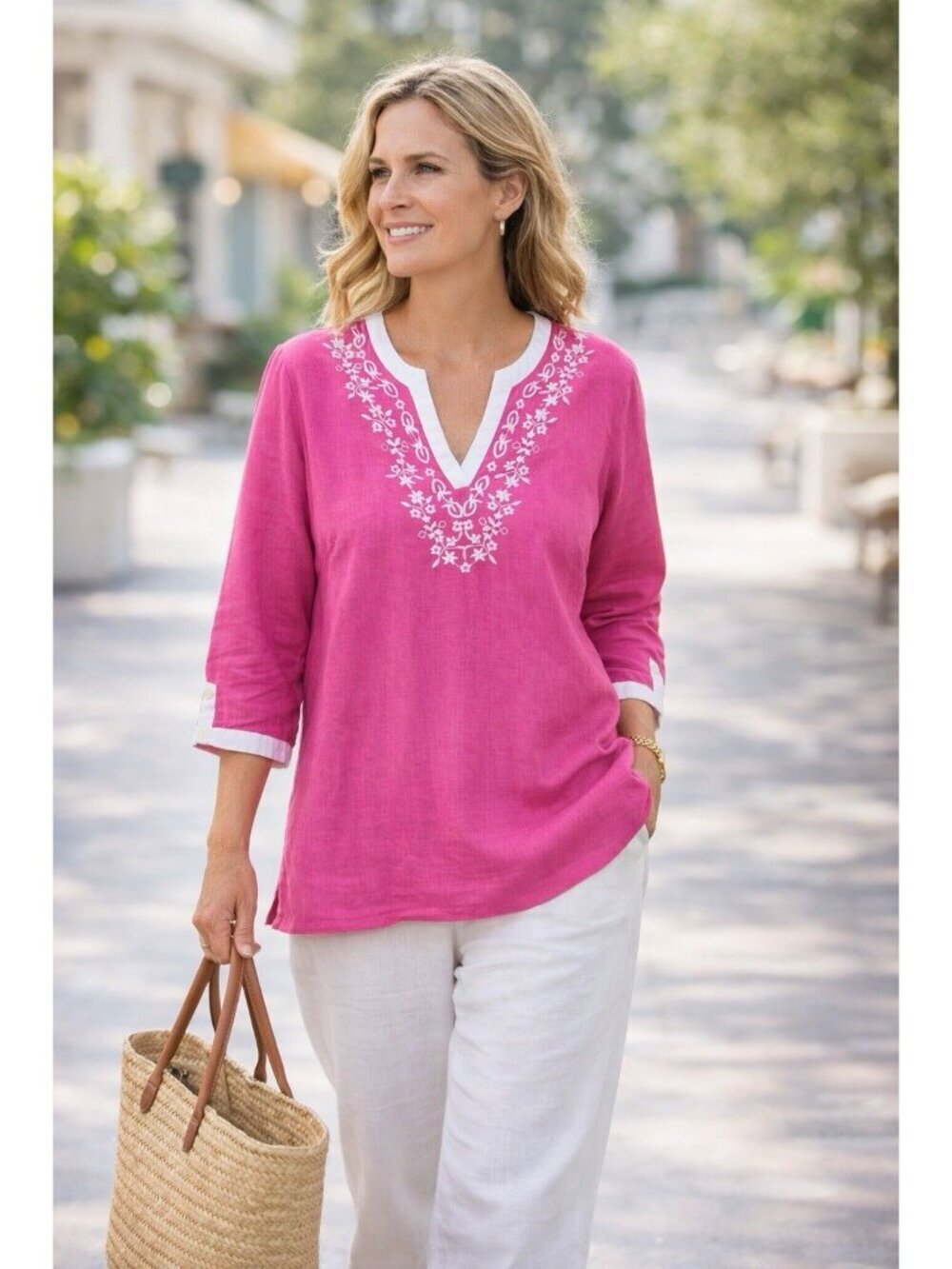 Womens Linen Pull Over Pink Blouse Top Quiet Luxury Casual Vacation Sz 12